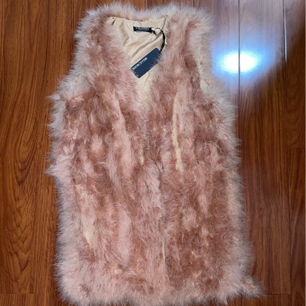 NWT TWINSET Italy genuine feather vest hip length size M in blush powder pink - Picture 7 of 12
